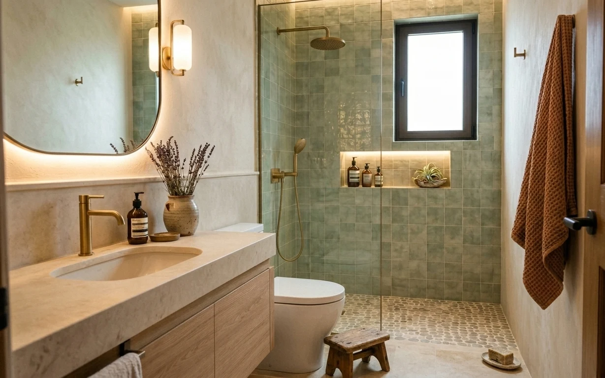 Warm modern walk-in shower bathroom with brass sconce, arched mirror, tiled walls, towel, stool, and shower shelf decor
