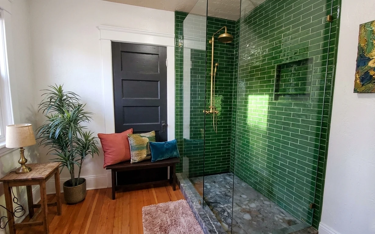 Bathroom shower nook with green tile, glass panel, dark wood bench, pink rug, pillows, plant, lamp, and framed abstract art