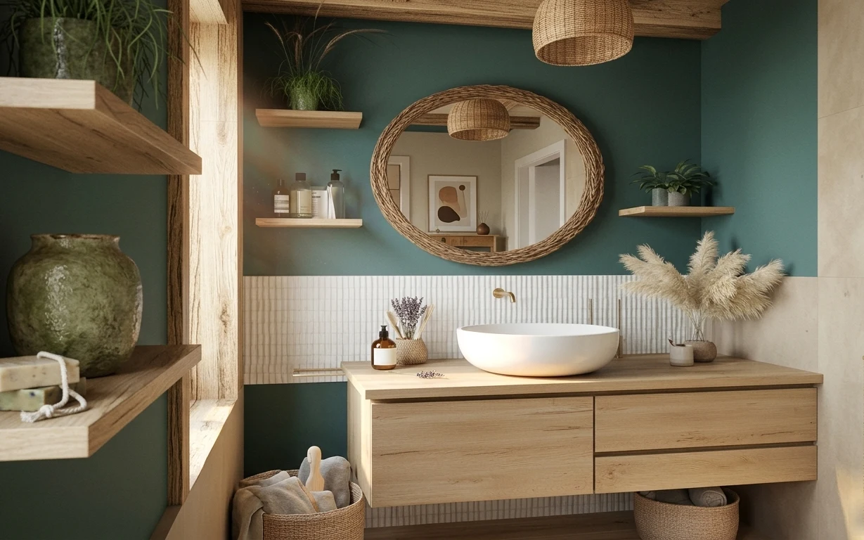 Teal bathroom with wood vanity, round rattan mirror, floating shelves, woven ceiling light, pampas grass, and a hand towel