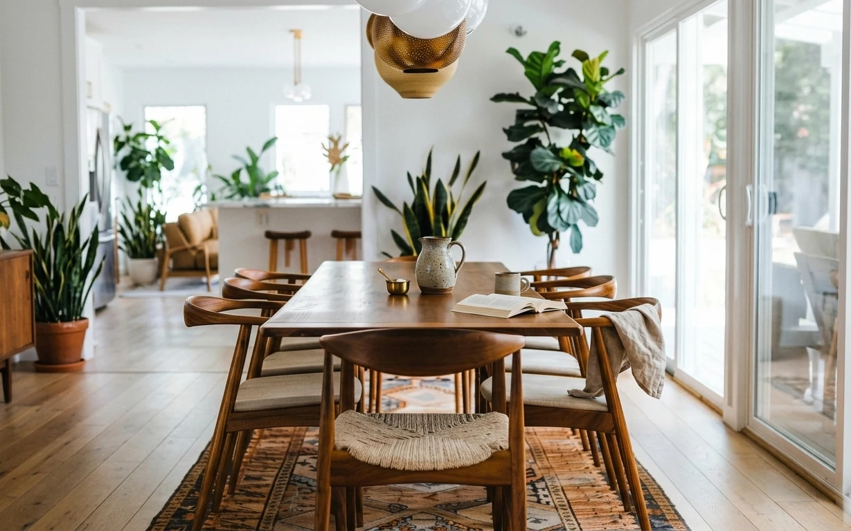 Bright dining nook with walnut chairs, patterned area rug, linen runner, ceramic pitcher, and tall leafy plants