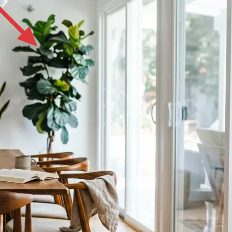 tall leafy potted plant near the windows