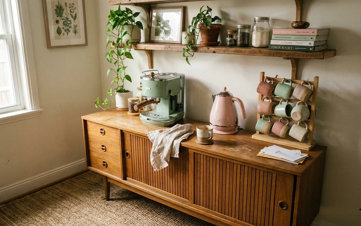 Warm wood sideboard with rug, framed botanical art, plants, jars, and a sage-green countertop coffee machine