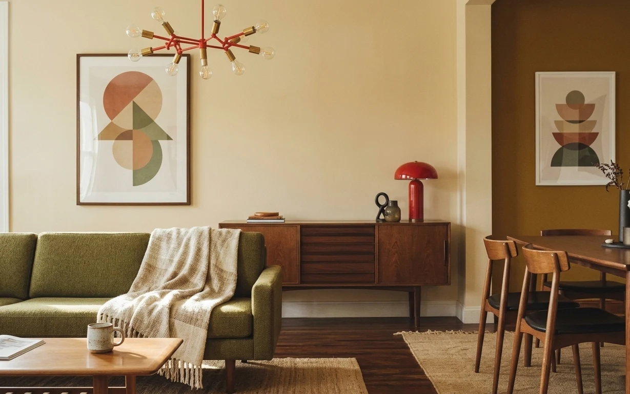 Olive green sofa in a warm mid-century living room with jute rug, wood sideboard, red dome lamp, and framed abstract art
