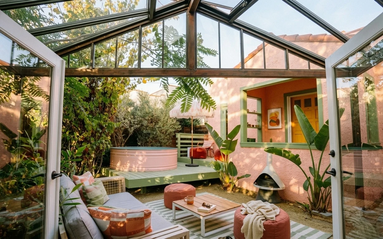 Patio daybed nook with striped cushions, outdoor rug, coffee table, framed art, and large potted plants