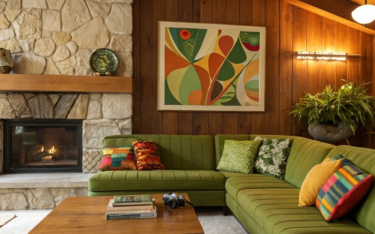 Olive-green sectional in a warm wood fireplace lounge with abstract art, fern plant, and layered pillows
