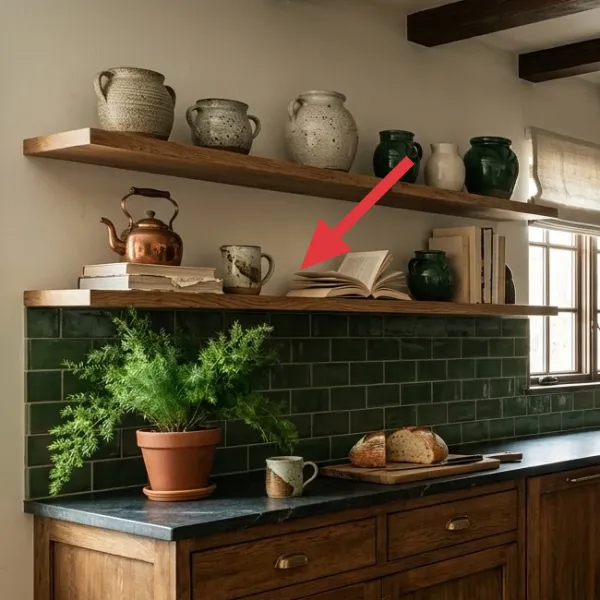Two parallel open floating shelves made of stained wood, holding various ceramic pots, a copper kettle, books, and green decorative vases.