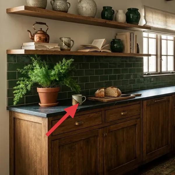 A dark green, glossy subway tile backsplash with irregular edges, extending across the kitchen wall below open wood shelving and a window.
