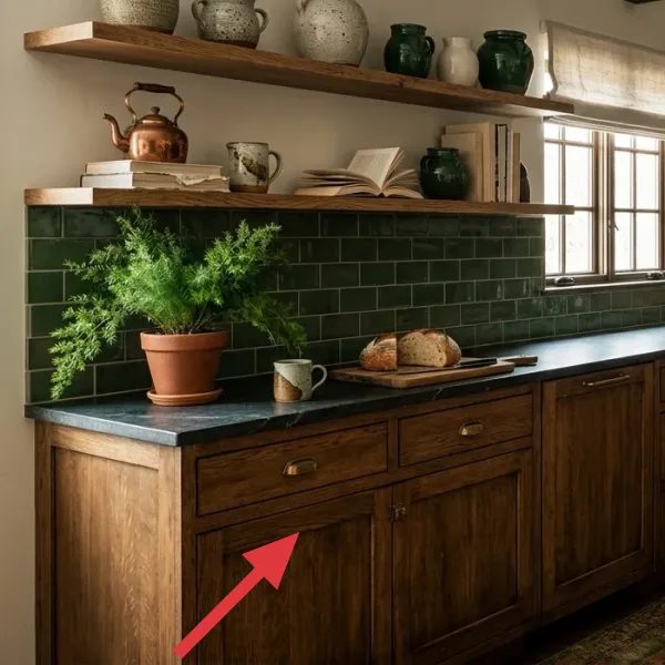 Dark stained wood base cabinets with paneled doors and brass pull handles, topped with a dark countertop and extending towards a kitchen island.