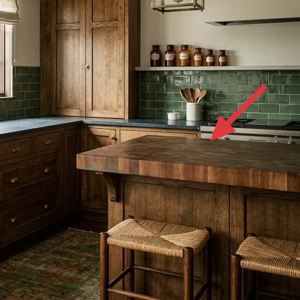 A thick butcher block countertop on a dark wood kitchen island, with two woven-seat bar stools tucked underneath.