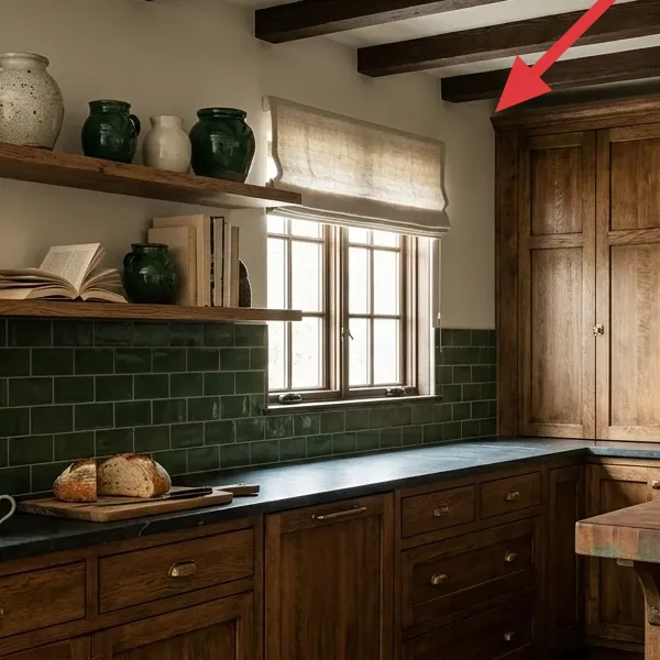 A simple, neutral-toned linen Roman shade covering the upper portion of a multi-paned kitchen window, allowing soft light to filter in.
