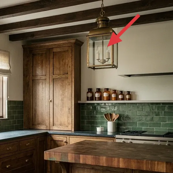 A vintage-style brass lantern pendant light with three bulbs, hanging from the ceiling over the kitchen counter.