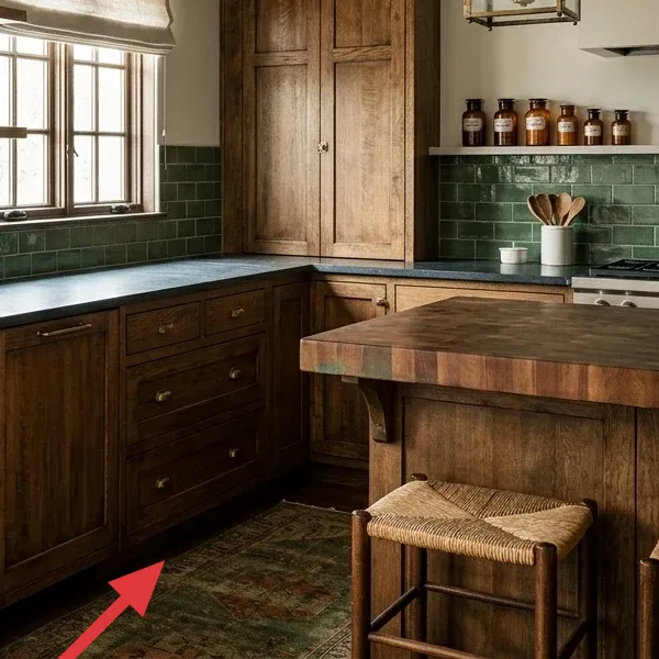A small, distressed area rug with muted green and earthy tones, lying on a dark wood floor in front of the kitchen island.