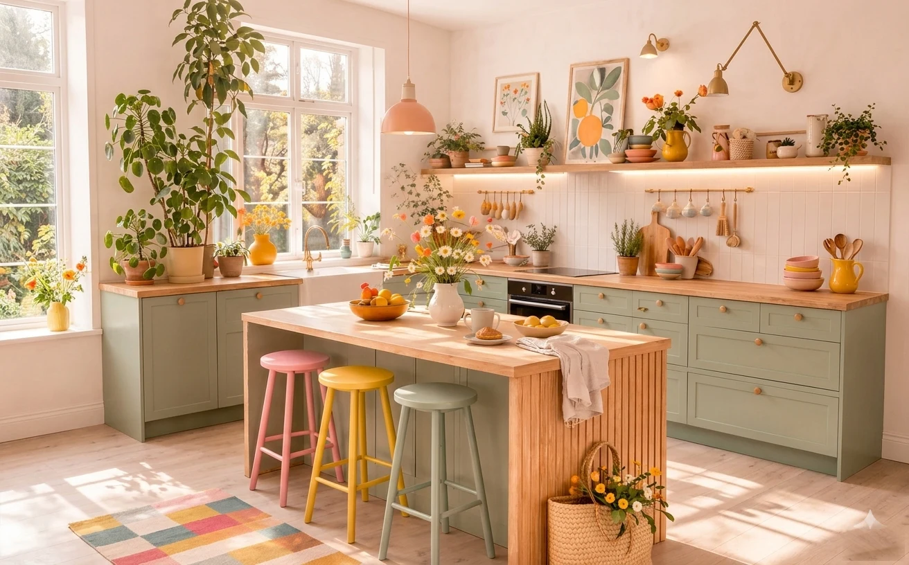 Bright eat-in kitchen with sage cabinets, wood island, colorful stools, pink glass pendant lights, botanical art, and florals on display