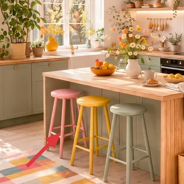 Three colorful bar stools gathered around the kitchen island