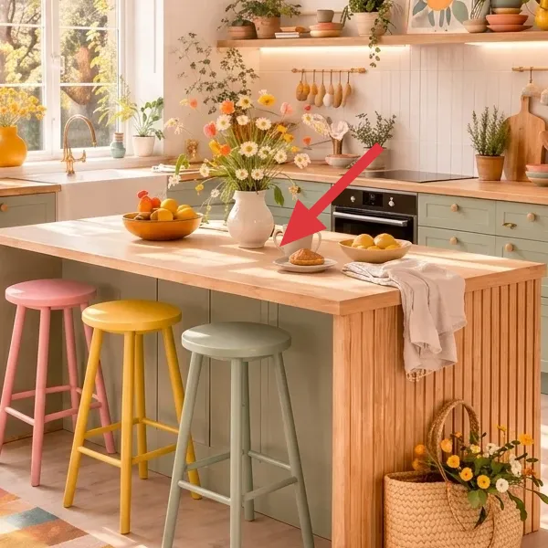 White vase with a rounded bouquet centered on the kitchen island