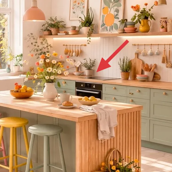 Brass utensil rail with hanging wooden tools under kitchen shelves