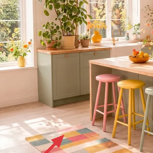 Warm patchwork area rug with multicolor blocks beneath the stools