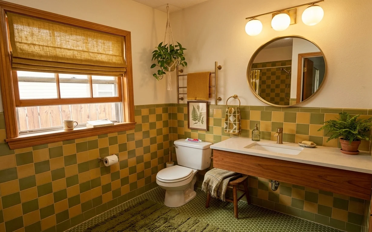 Renter-friendly bathroom vanity nook with olive tones, hex-pattern rug, framed botanical print, mirror, and potted plant