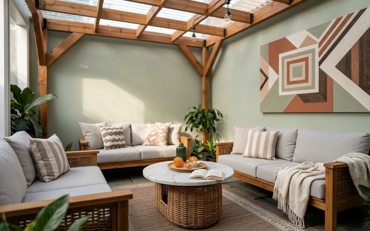 Two light-gray sofas face a round wicker coffee table under warm wood beams, with framed abstract art and potted plants