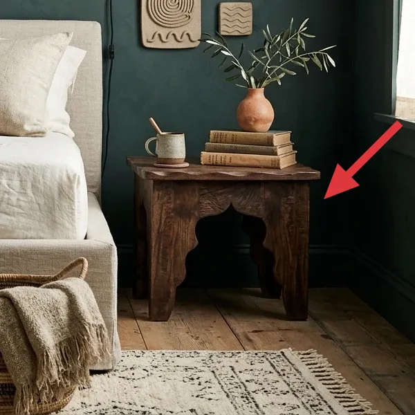A close-up of tabletop decor on a wooden side table, including a terracotta vase with olive branches, a stack of vintage books, and a ceramic mug.