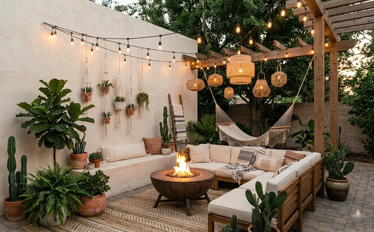 Outdoor patio with warm string lights, rope hammock, fire pit bowl, potted cacti and greenery, and macramé wall planters