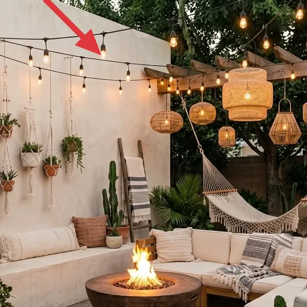 Plug-in outdoor string lights with warm bulbs hanging across the patio pergola