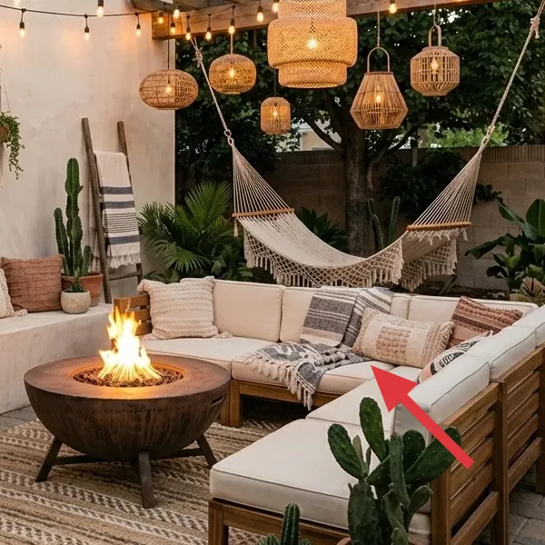Outdoor sectional seating with cream cushions along the patio wall