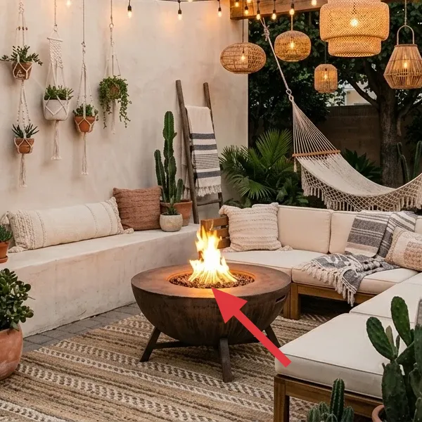 Round fire pit bowl with visible flames as the patio’s centerpiece
