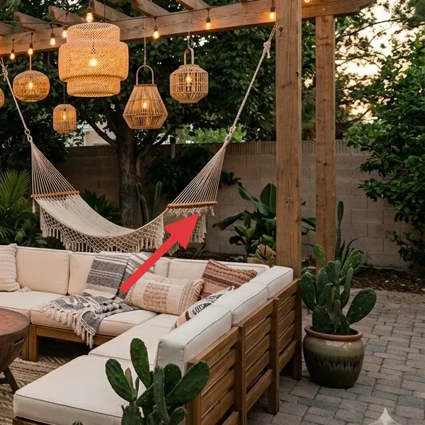 Rope hammock with neutral fabric drape hanging from the patio overhead
