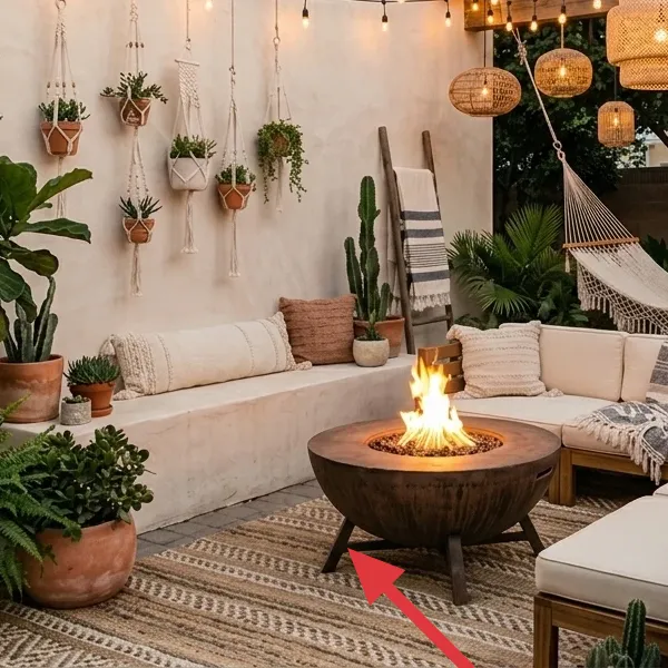 Woven outdoor rug with warm tan patterns under the seating