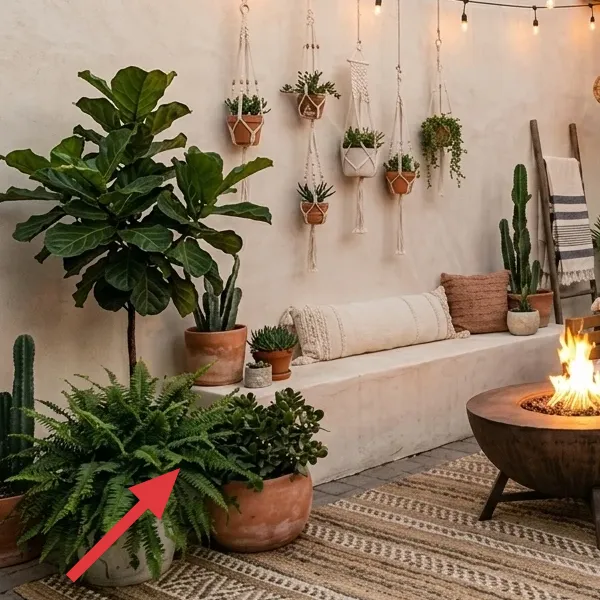 Terracotta planters with broad-leaf greenery and cacti in the patio foreground