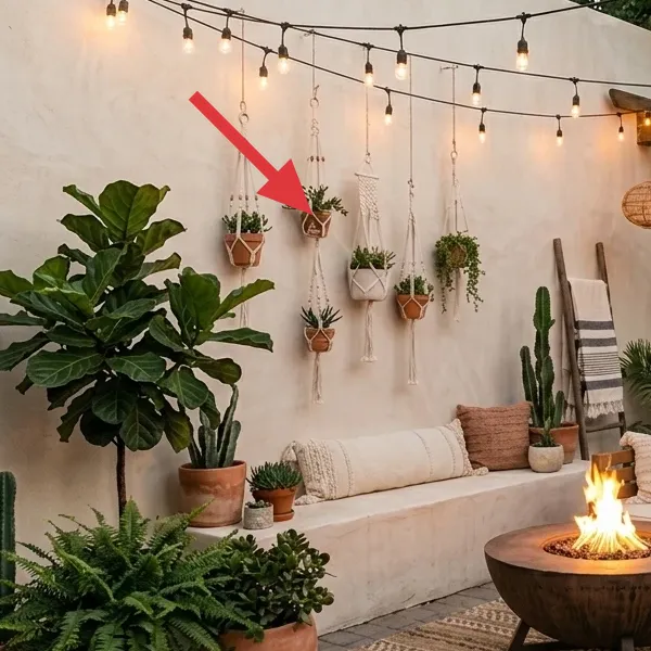 Macramé plant hangers attached to a stucco wall holding small terracotta pots