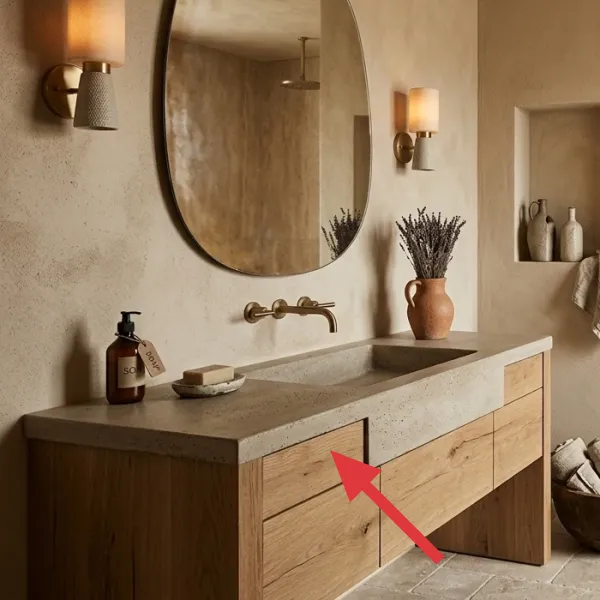 Handcrafted wooden vanity with a seamless concrete sink and a modern wall-mounted brass faucet.