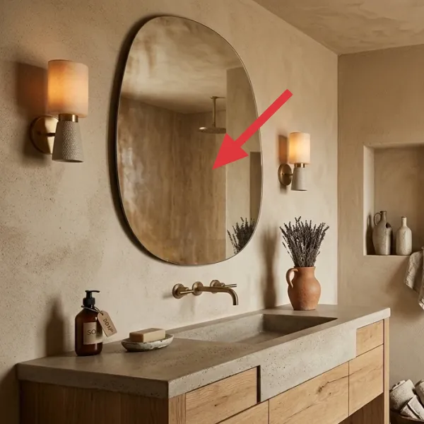 Large, organic-shaped oval mirror reflecting the bathroom interior.