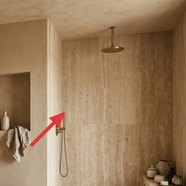 Modern brass rain shower head and matching wall-mounted controls against a travertine-tiled wall.