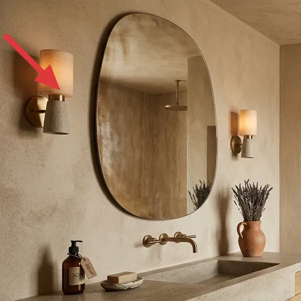 Warmly lit cylindrical wall sconce with a textured base, flanking an oval mirror.