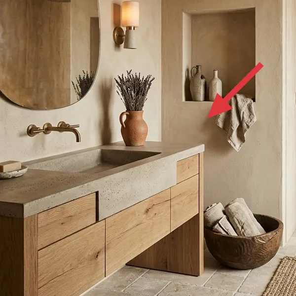 Terracotta-style vase filled with dried lavender, on a concrete vanity surface.