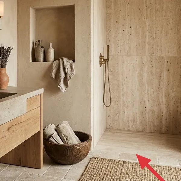 Small, natural fiber jute rug on tiled bathroom floor, providing warmth and texture.