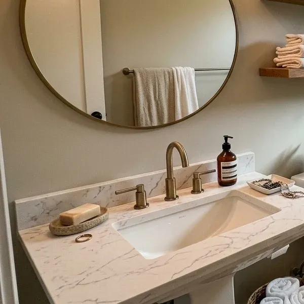 Close-up of a white marble-effect vanity counter with an integrated basin and a modern brass tap, styled with a bar of soap and a dark amber pump bottle.