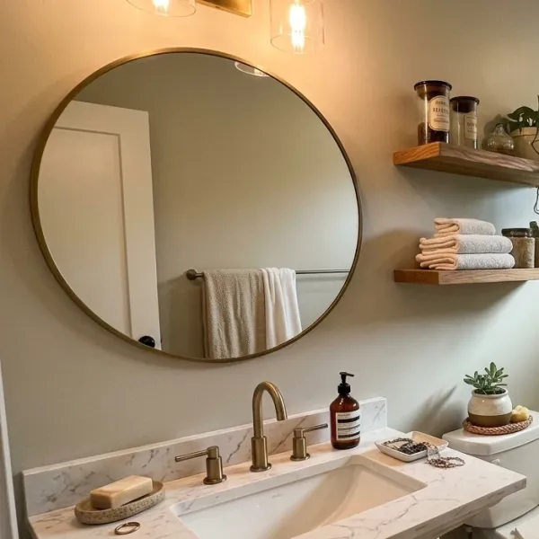 Large round mirror with a slim brass frame, reflecting a white door, positioned above a vanity, with a modern brass wall sconce visible at the top.