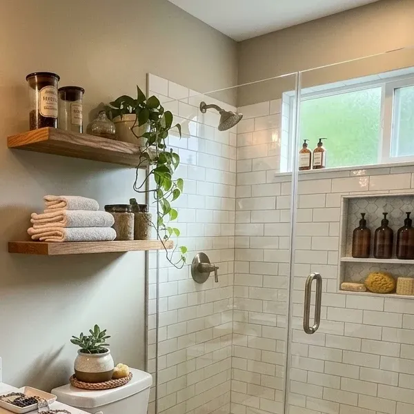 Two minimalist wooden floating shelves, styled with neatly folded white towels, decorative glass jars, and a vibrant trailing Pothos plant.