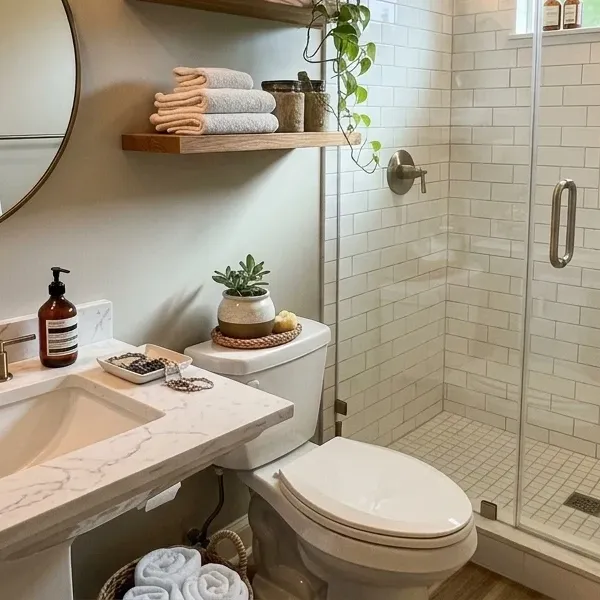 A small green succulent in a white and terracotta pot, sitting on a round woven jute mat, atop a white toilet cistern, adding a natural touch to the bathroom.