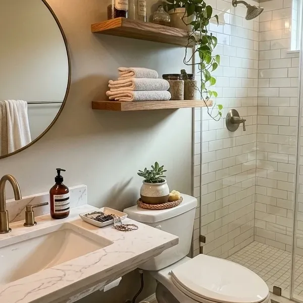 Neatly folded white towels stacked on a wooden floating shelf, with a light beige towel hanging on a rail reflected in the round mirror.