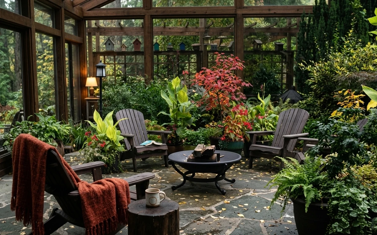 Patio garden seating with two wooden armchairs, round fire pit table, black lantern, and lush potted ferns and flowering plants