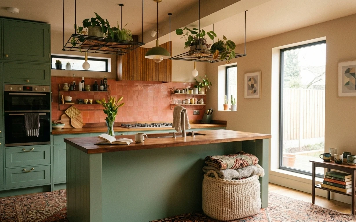 Warm kitchen with wood island, terracotta tile backsplash, sage cabinets, pendant lights, framed abstract art, and patterned rug