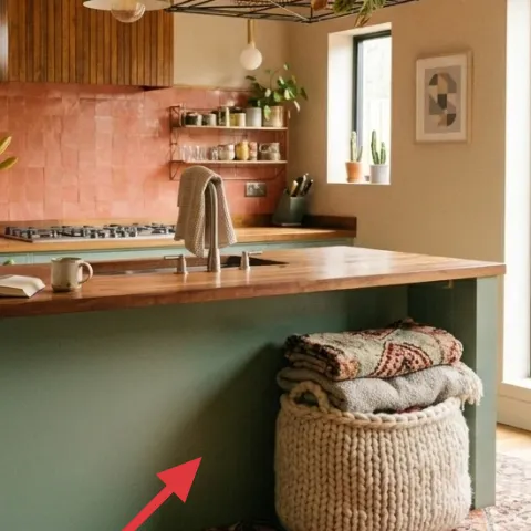 Area rug with rust and muted pattern