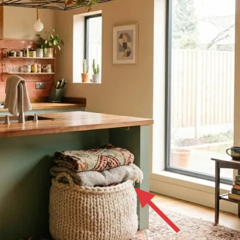Knit-covered storage seat in front of the island