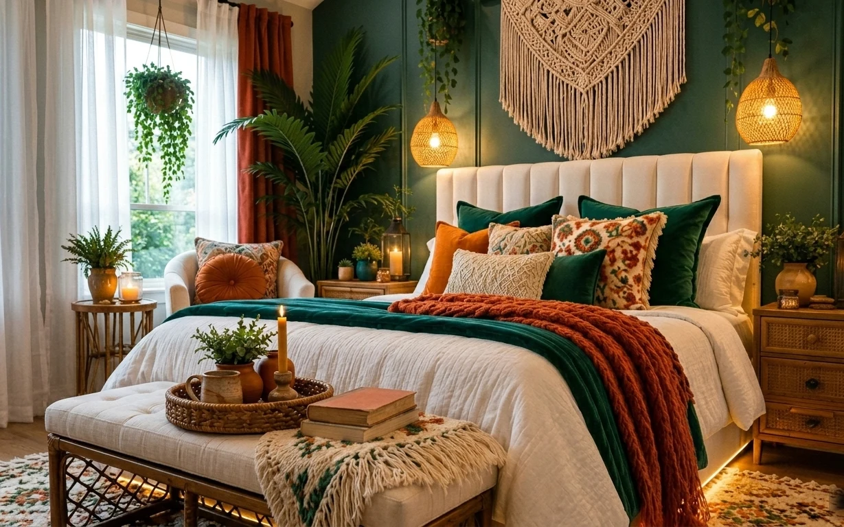 Sage green bedroom with quilted white bed cover, layered pillows, macramé wall hanging, woven pendant lamps, and a patterned area rug