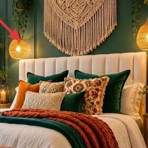 woven pendant lamp with exposed bulb