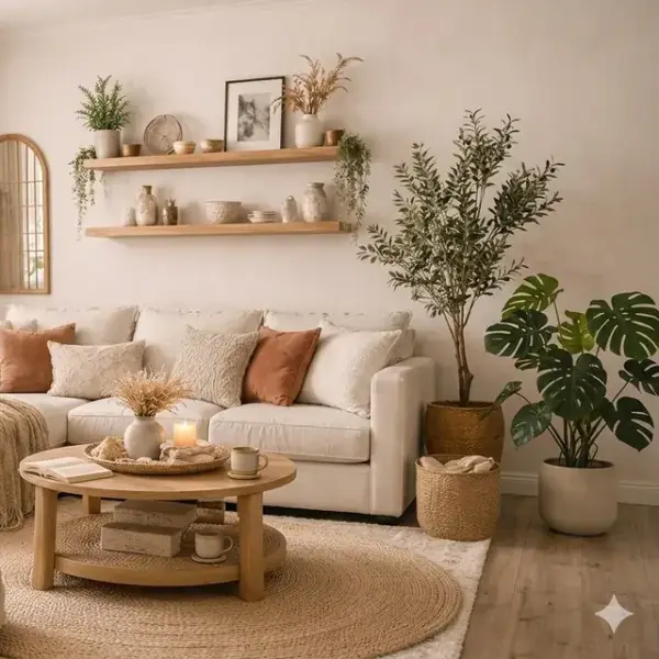 Two rustic floating wooden shelves adorned with various ceramic vases, small plants, and a framed black and white print, alongside an arched wooden mirror on a white wall.